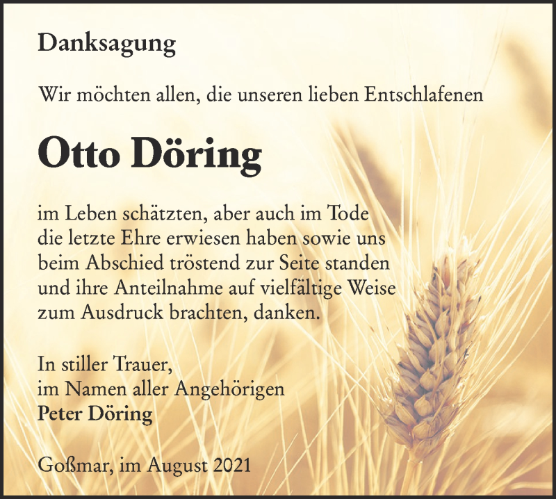  Traueranzeige für Otto Döring vom 21.08.2021 aus lausitzer_rundschau