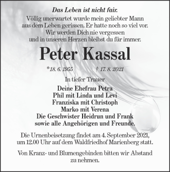 Traueranzeige von Peter Kassal von lausitzer_rundschau