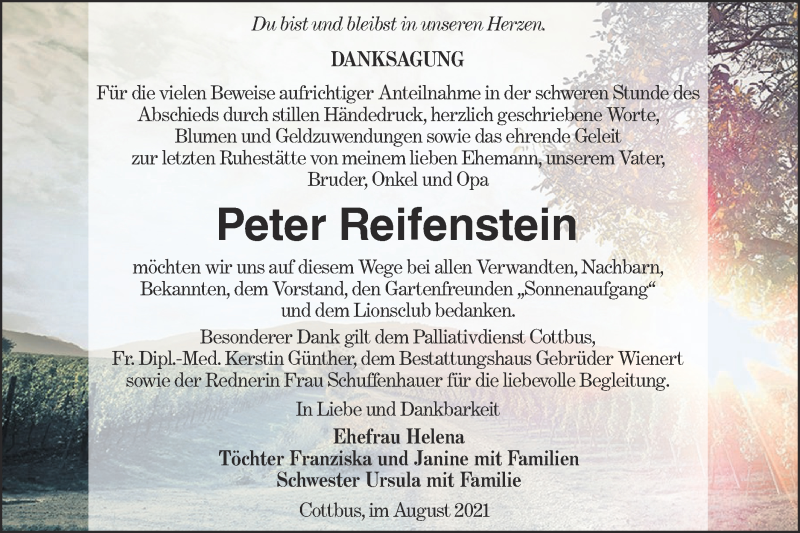  Traueranzeige für Peter Reifenstein vom 13.08.2021 aus lausitzer_rundschau