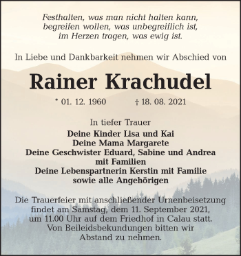 Traueranzeige von Rainer Krachudel von lausitzer_rundschau