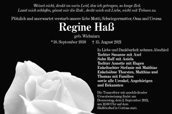 Traueranzeige von Regine Haß von lausitzer_rundschau