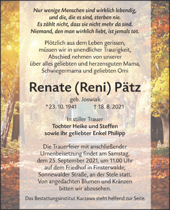 Traueranzeige von Renate Pätz von lausitzer_rundschau
