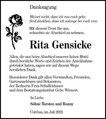 Traueranzeige von Rita Gensicke von lausitzer_rundschau