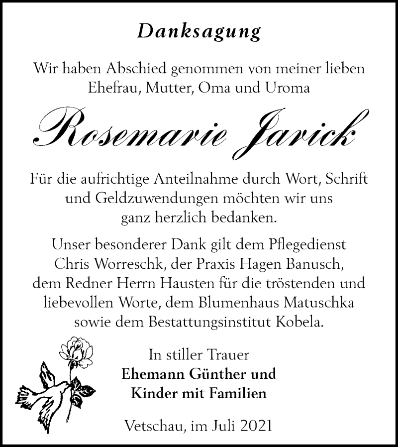  Traueranzeige für Rosemarie Jarick vom 07.08.2021 aus lausitzer_rundschau