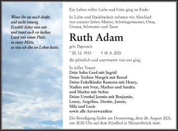 Traueranzeige von Ruth Adam von lausitzer_rundschau