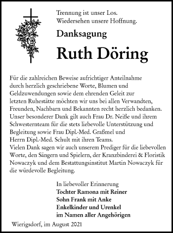 Traueranzeige von Ruth Döring von lausitzer_rundschau