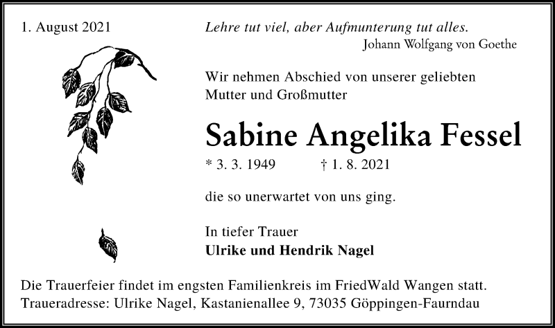  Traueranzeige für Sabine Angelika Fessel vom 14.08.2021 aus lausitzer_rundschau