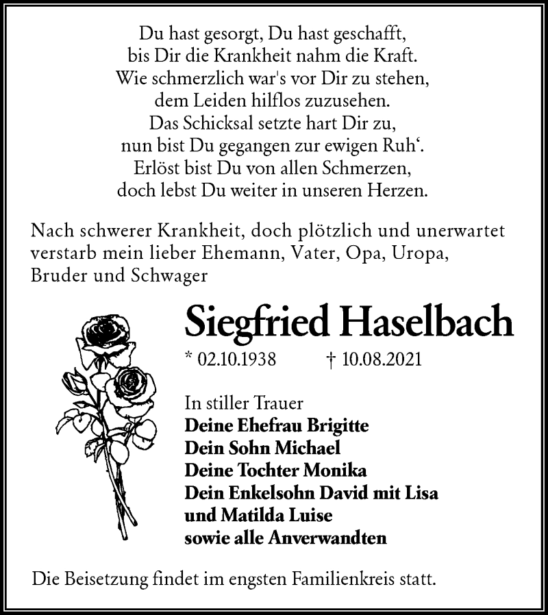  Traueranzeige für Siegfried Haselbach vom 14.08.2021 aus lausitzer_rundschau