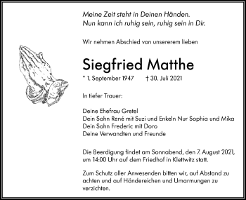 Traueranzeige von Siegfried Matthe von lausitzer_rundschau