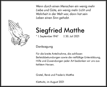 Traueranzeige von Siegfried Matthe von lausitzer_rundschau