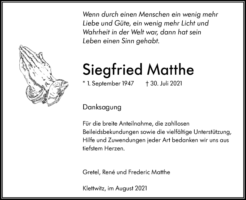  Traueranzeige für Siegfried Matthe vom 18.08.2021 aus lausitzer_rundschau