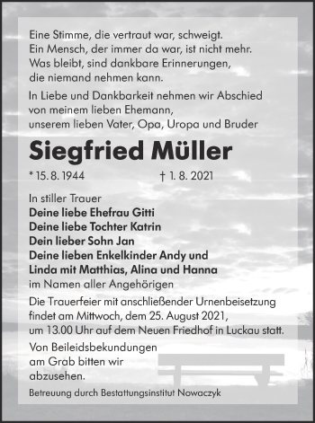 Traueranzeige von Siegfried Müller von lausitzer_rundschau