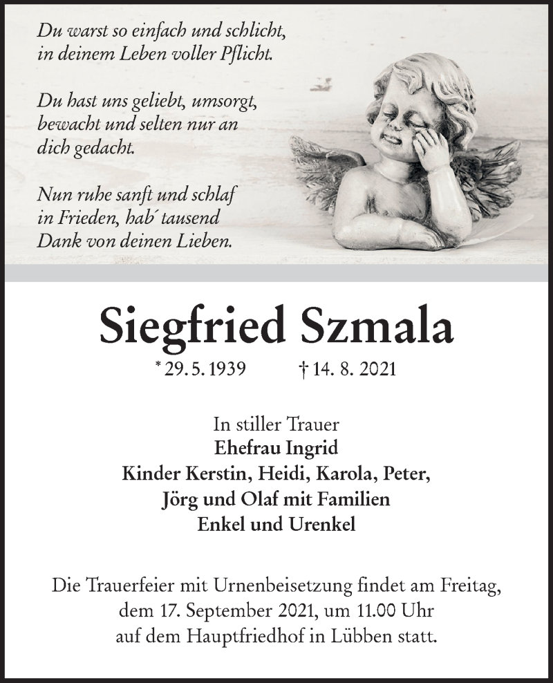  Traueranzeige für Siegfried Szmala vom 28.08.2021 aus lausitzer_rundschau