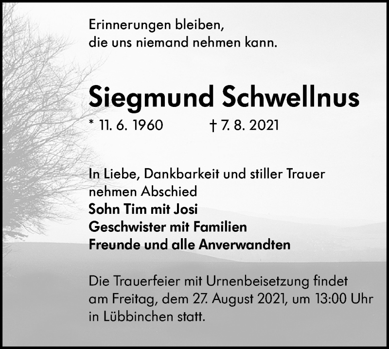  Traueranzeige für Siegmund Schwellnus vom 25.08.2021 aus lausitzer_rundschau
