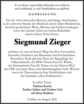 Traueranzeige von Siegmund Zieger von lausitzer_rundschau