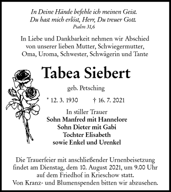 Traueranzeige von Tabea Siebert von lausitzer_rundschau