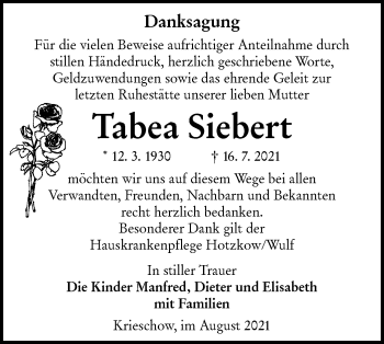 Traueranzeige von Tabea Siebert von lausitzer_rundschau