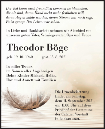 Traueranzeige von Theodor Böge von lausitzer_rundschau