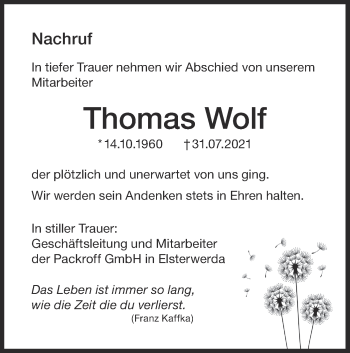 Traueranzeige von Thomas Wolf von lausitzer_rundschau