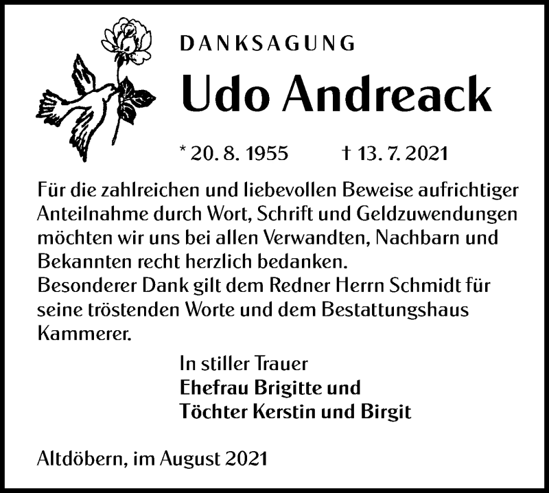  Traueranzeige für Udo Andreack vom 14.08.2021 aus lausitzer_rundschau