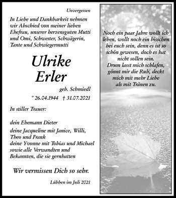 Traueranzeige von Ulrike Erler von lausitzer_rundschau