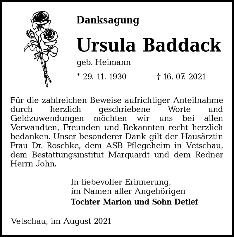  Traueranzeige für Ursula Baddack vom 21.08.2021 aus lausitzer_rundschau