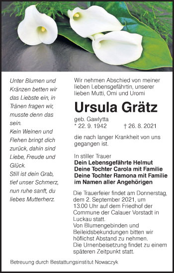 Traueranzeige von Ursula Grätz von lausitzer_rundschau
