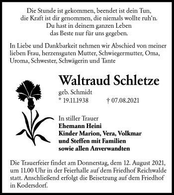 Traueranzeige von Waltraud Schletze von lausitzer_rundschau