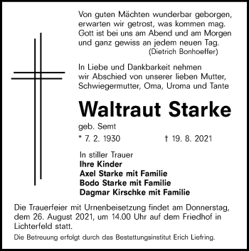 Traueranzeige von Waltraut Starke von lausitzer_rundschau