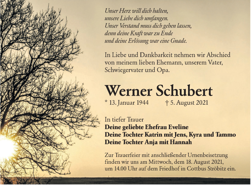  Traueranzeige für Werner Schubert vom 14.08.2021 aus lausitzer_rundschau