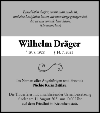 Traueranzeige von Wilhelm Dräger von lausitzer_rundschau