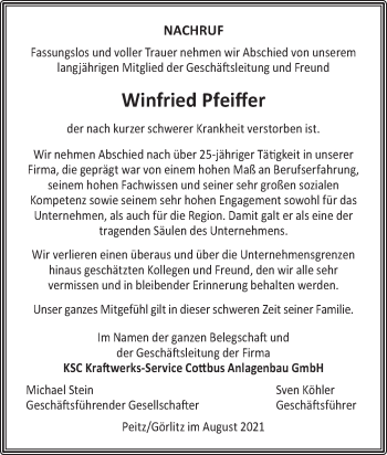 Traueranzeige von Winfried Pfeiffer von lausitzer_rundschau