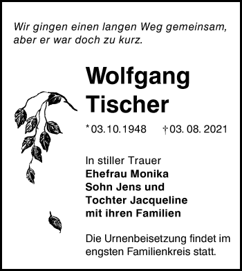 Traueranzeige von Wolfgang Tischer von lausitzer_rundschau
