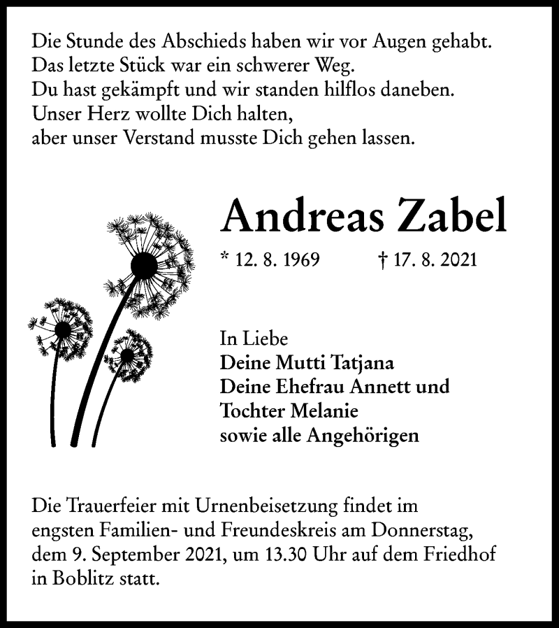  Traueranzeige für Andreas Zabel vom 04.09.2021 aus lausitzer_rundschau