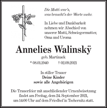 Traueranzeige von Annelies Walinskÿ von lausitzer_rundschau