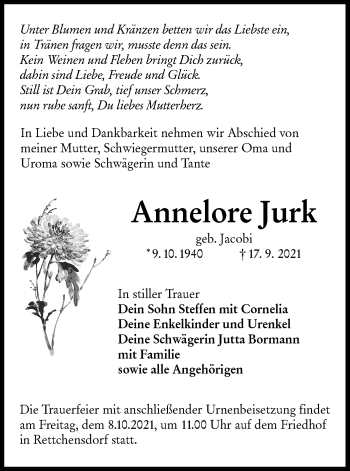 Traueranzeige von Annelore Jurk von lausitzer_rundschau