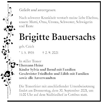 Traueranzeige von Brigitte Bauersachs von lausitzer_rundschau