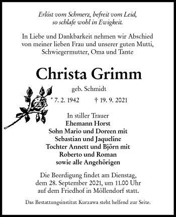 Traueranzeige von Christa Grimm von lausitzer_rundschau