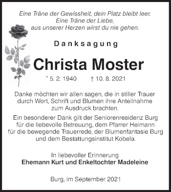 Traueranzeige von Christa Moster von lausitzer_rundschau
