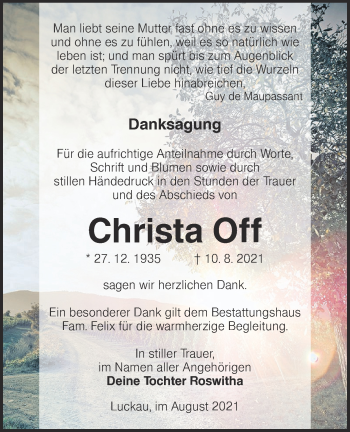 Traueranzeige von Christa Off von lausitzer_rundschau