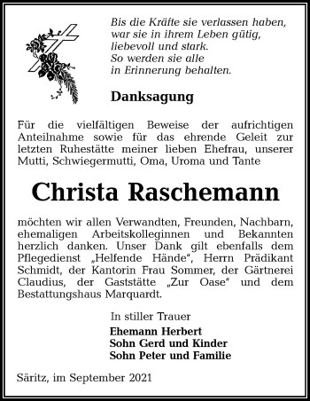 Traueranzeige von Christa Raschemann von lausitzer_rundschau