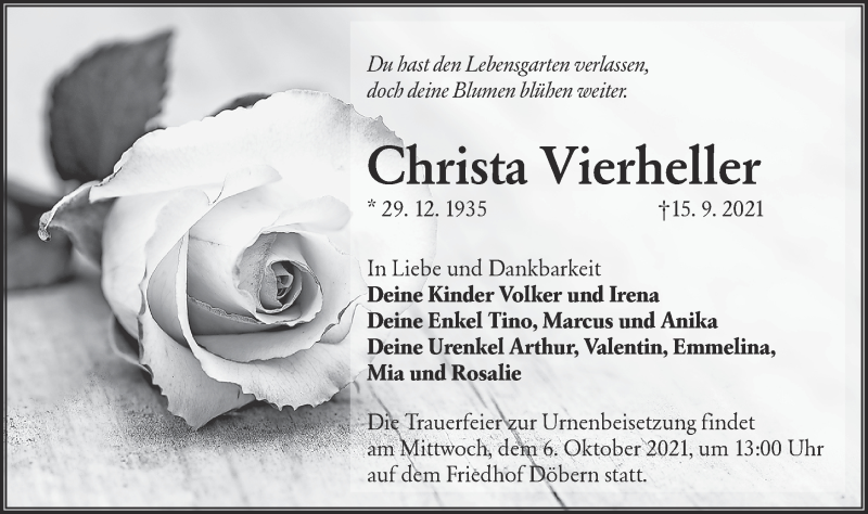  Traueranzeige für Christa Vierheller vom 25.09.2021 aus lausitzer_rundschau