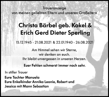 Traueranzeige von Christa und Erich Gerd Dieter Bärbel, Sperling von lausitzer_rundschau