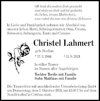 Traueranzeige von Christel Lahmert von lausitzer_rundschau