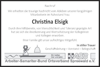 Traueranzeige von Christina Elsigk von lausitzer_rundschau