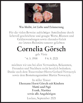 Traueranzeige von Cornelia Görsch von lausitzer_rundschau