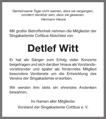 Traueranzeige von Detlef Witt von lausitzer_rundschau