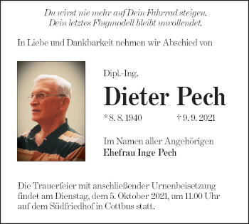 Traueranzeige von Dieter Pech von lausitzer_rundschau