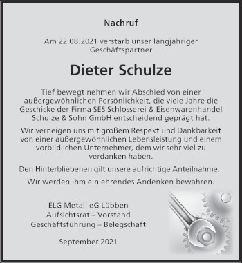 Traueranzeige von Dieter Schulze von lausitzer_rundschau
