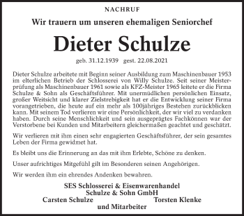 Traueranzeige von Dieter Schulze von lausitzer_rundschau
